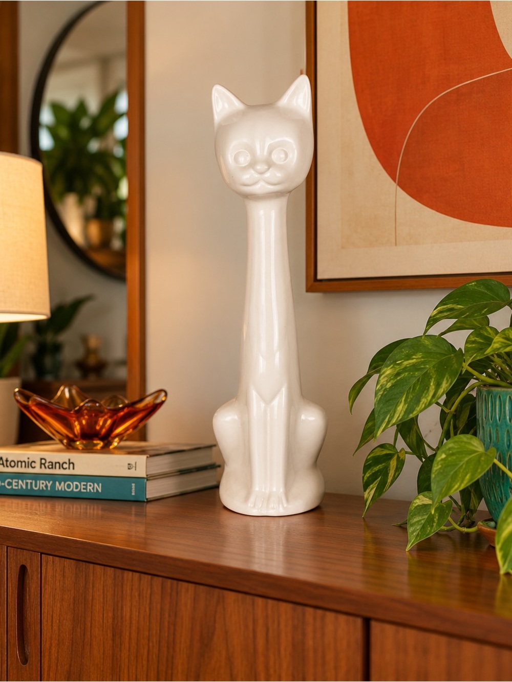 Vintage Tall White Ceramic Cat Figurine 17” Mid Century Modern